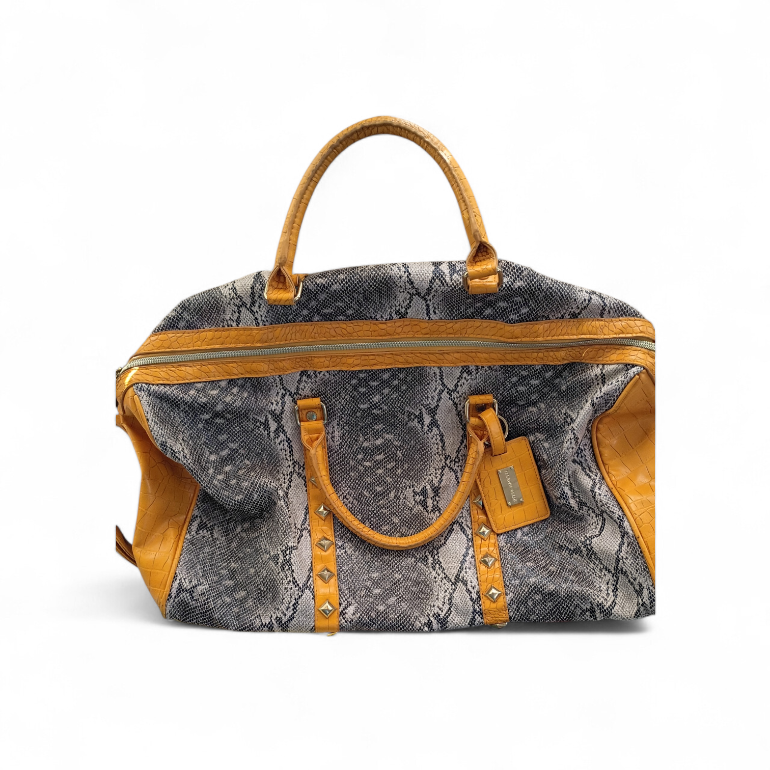 STEVE MADDEN VINTAGE DUFFEL BAG WITH SNAKESKIN PRINT AND YELLOW ACCENTS