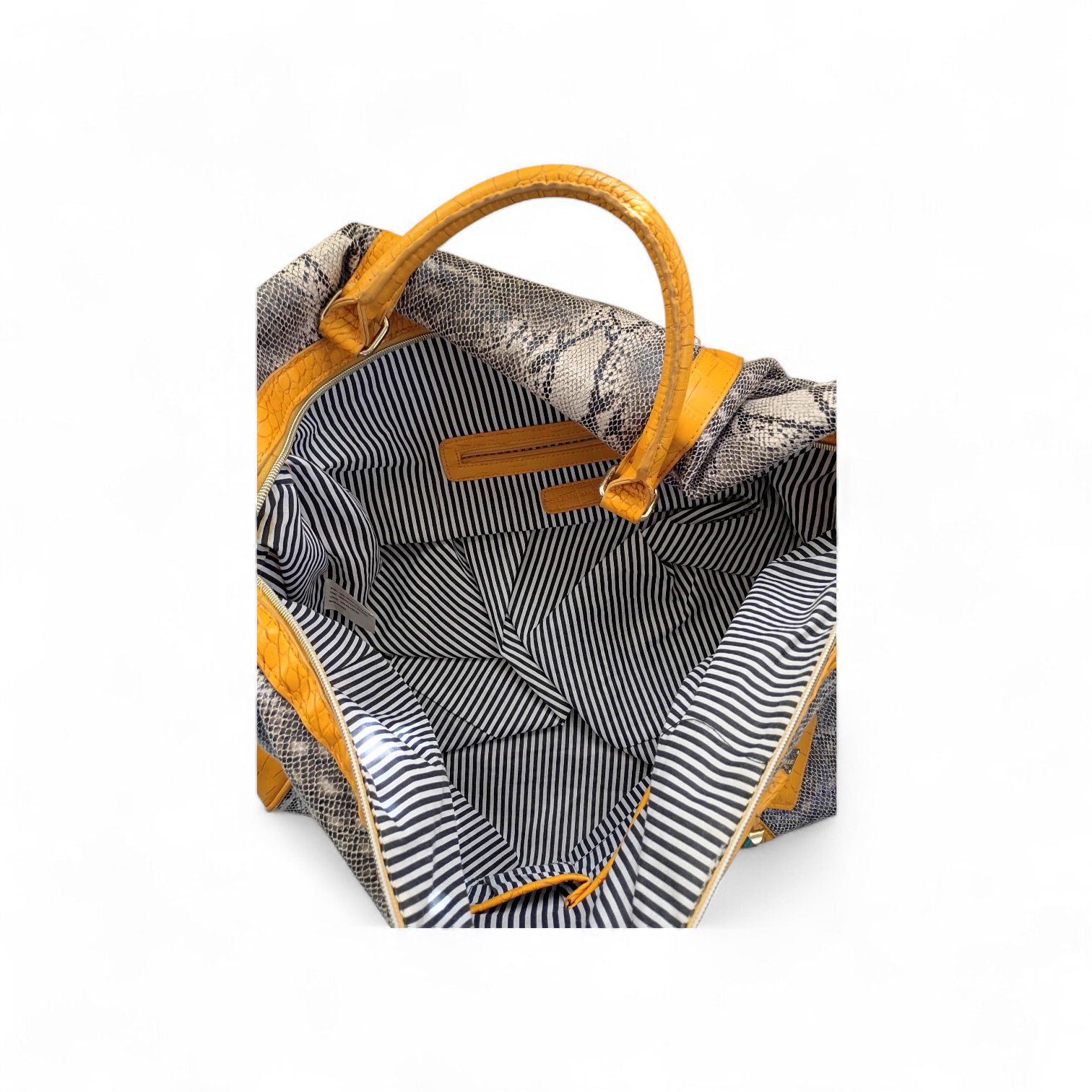 STEVE MADDEN VINTAGE DUFFEL BAG WITH SNAKESKIN PRINT AND YELLOW ACCENTS