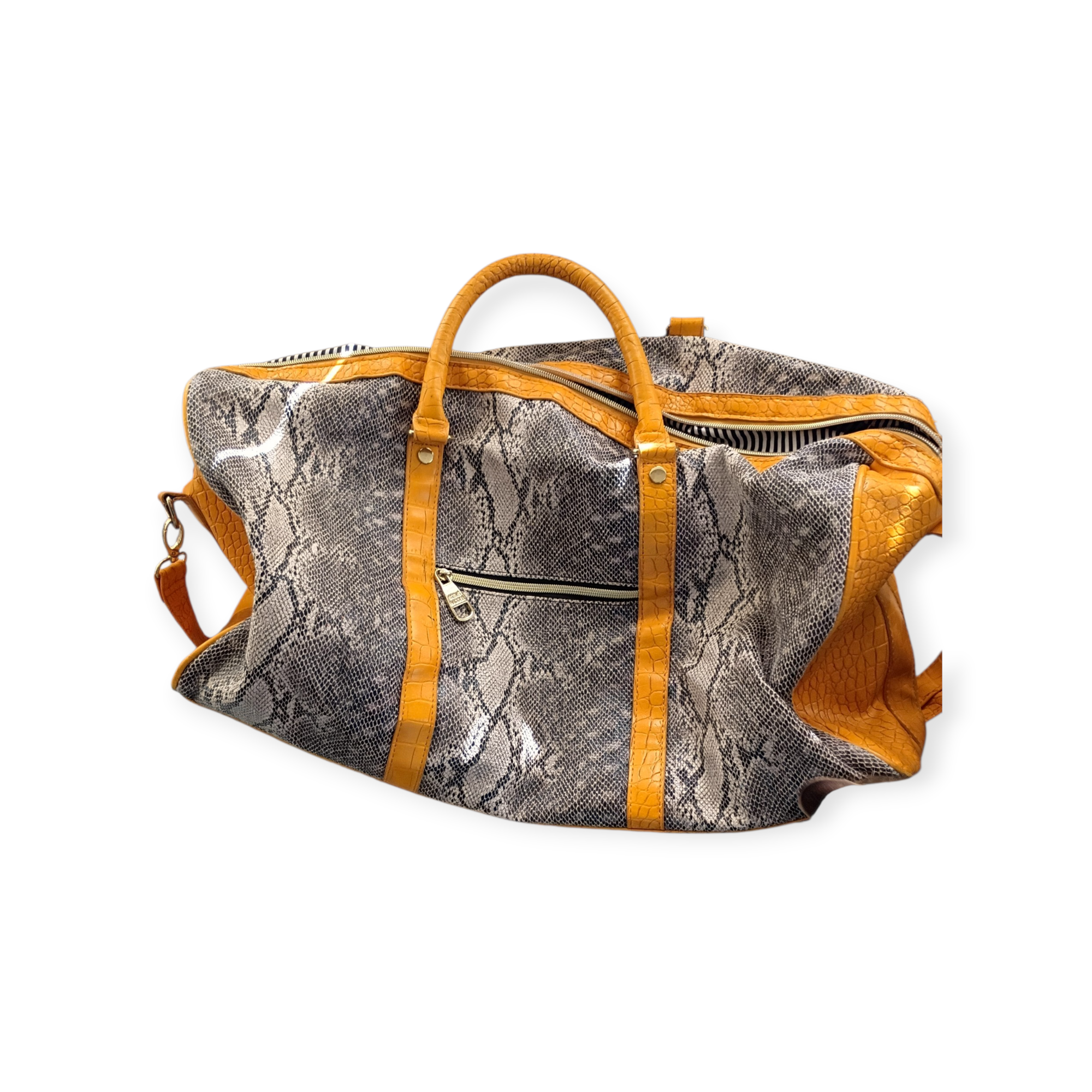 STEVE MADDEN VINTAGE DUFFEL BAG WITH SNAKESKIN PRINT AND YELLOW ACCENTS